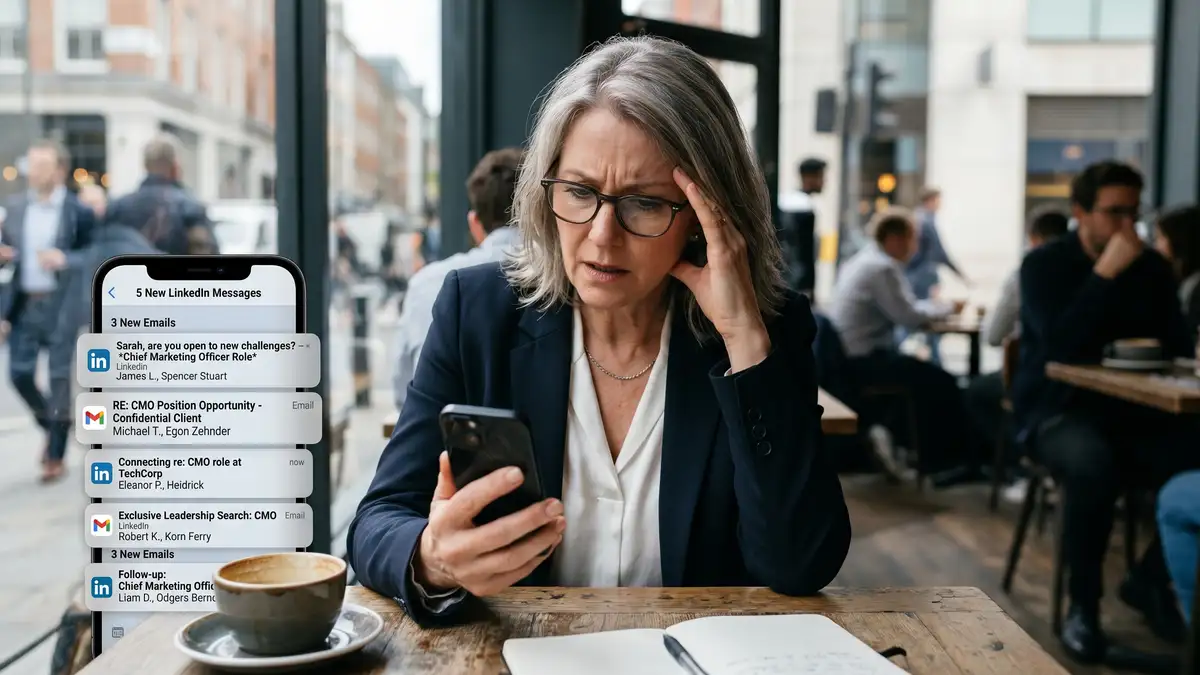 Senior executive candidate receiving overlapping LinkedIn messages from multiple recruiters pitching the same role