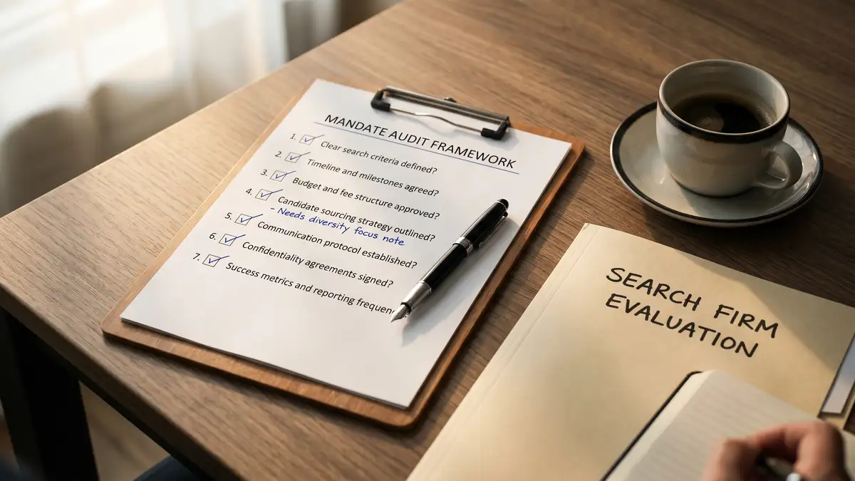 Procurement audit checklist on a CHRO desk for evaluating exclusive search mandate structure