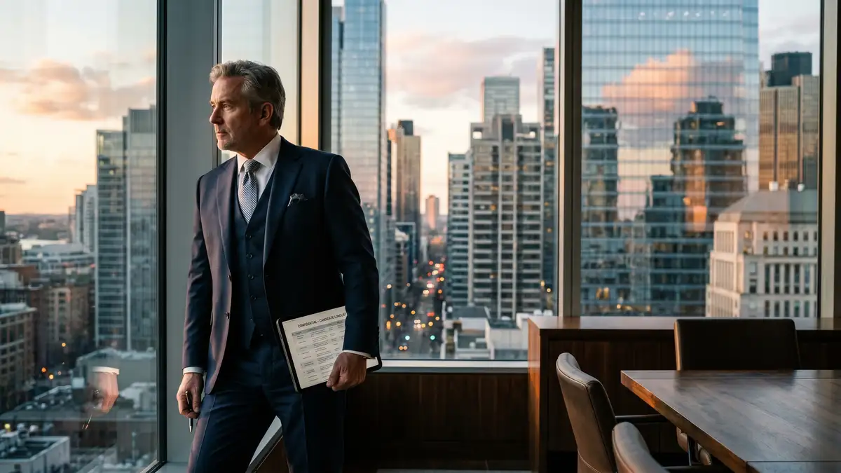 Senior executive search consultant reviewing confidential candidate longlist at a glass office window during golden hour