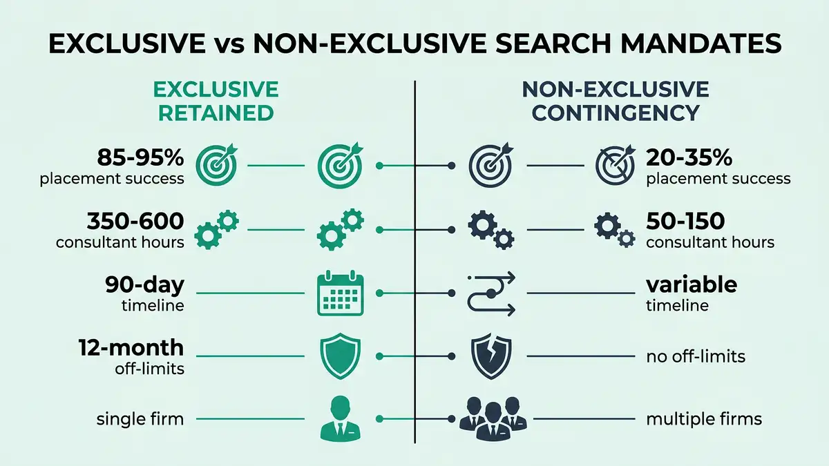 Side-by-side infographic comparing exclusive retained and non-exclusive contingency search mandate mechanics