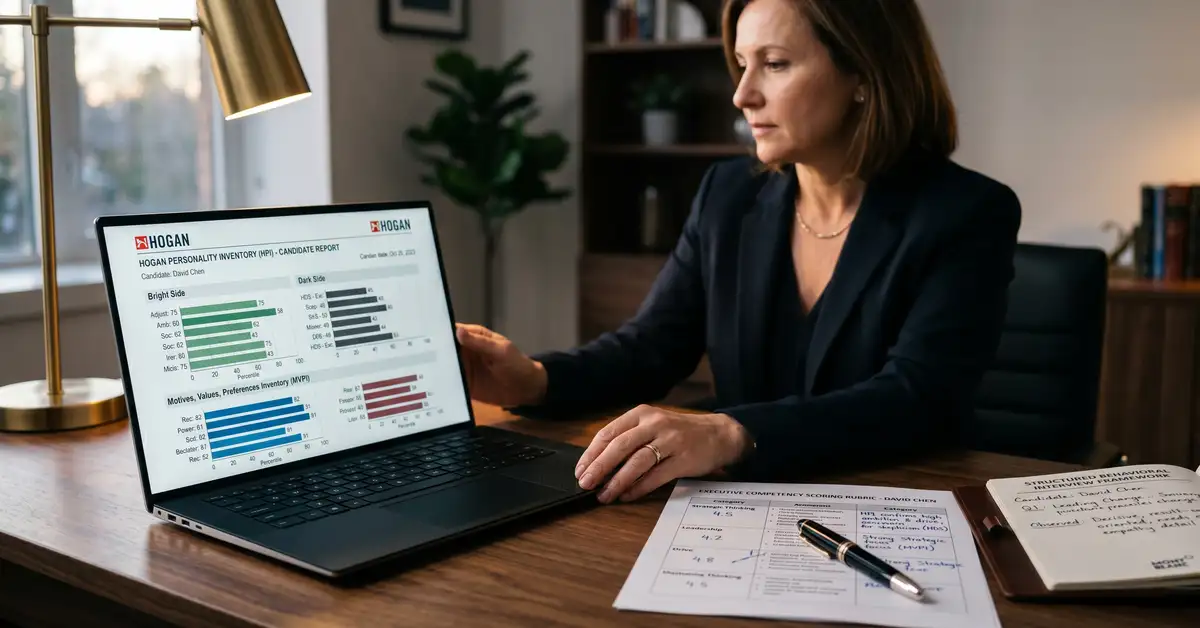 Close-up of executive assessment specialist reviewing Hogan Personality Inventory report on laptop screen with competency scoring rubric adjacent