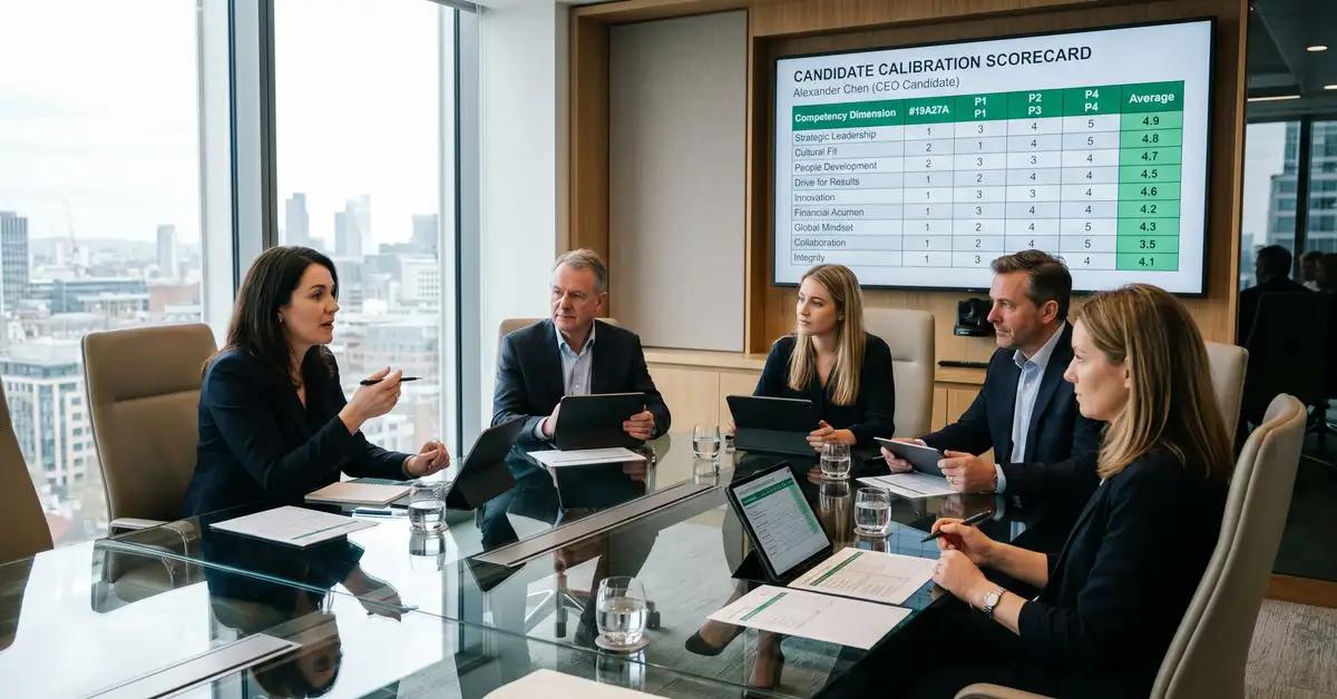 Executive search Practice Director leading candidate calibration meeting with 4 assessor panelists reviewing 9-dimension scorecard on large screen