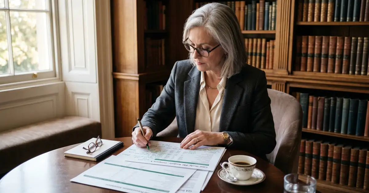 Senior executive search assessment specialist reviewing candidate business case simulation materials including 90-day plan and P&L case study in office library