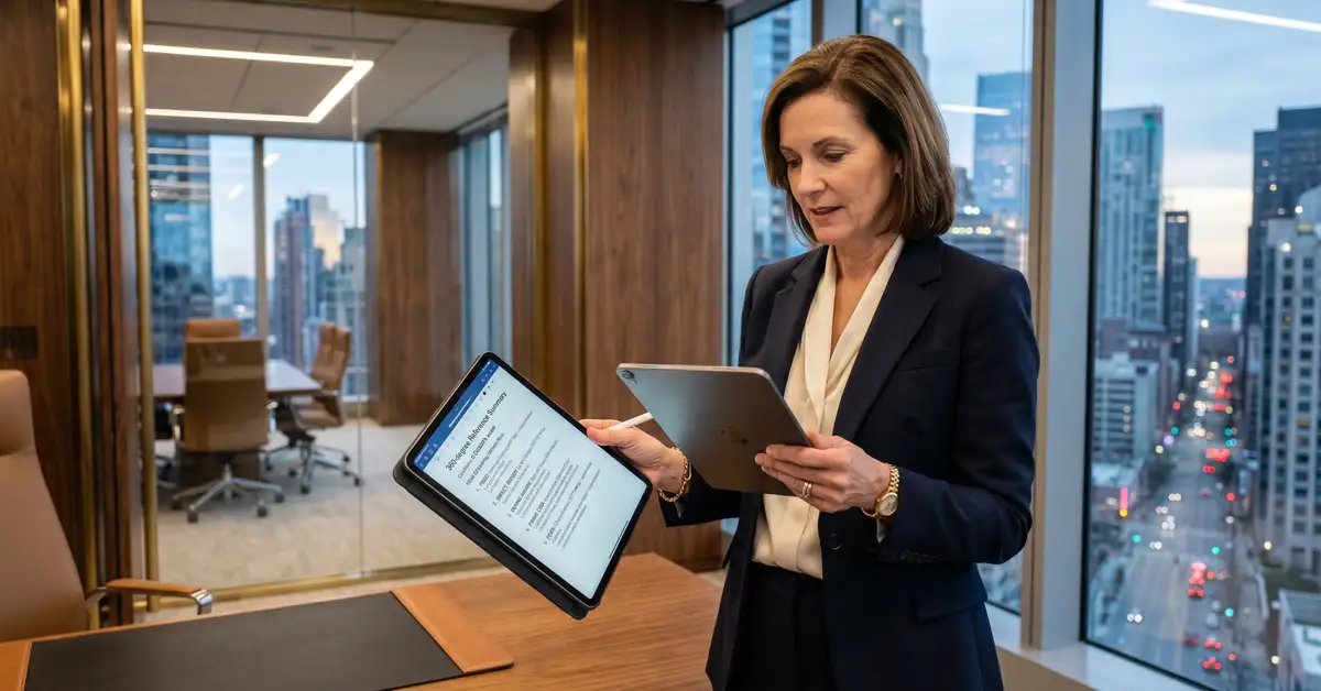 Executive search Managing Director reviewing structured 360-degree reference call notes on tablet in modern executive office