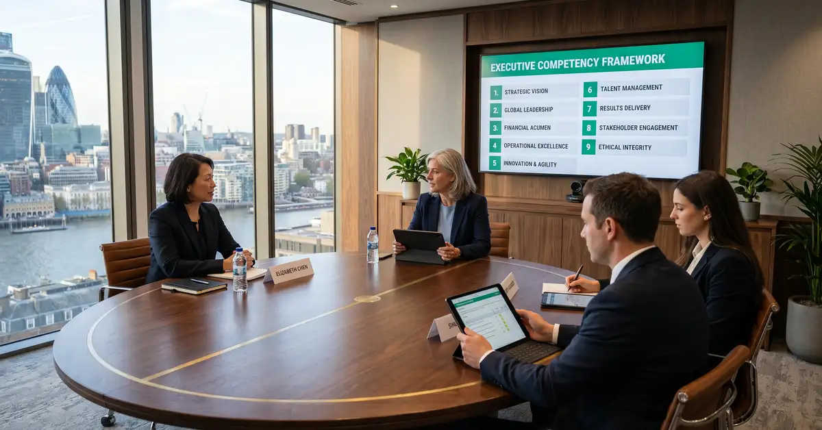 Executive search Assessment Director and senior consultant team conducting structured candidate assessment with 9 competency framework on wall display