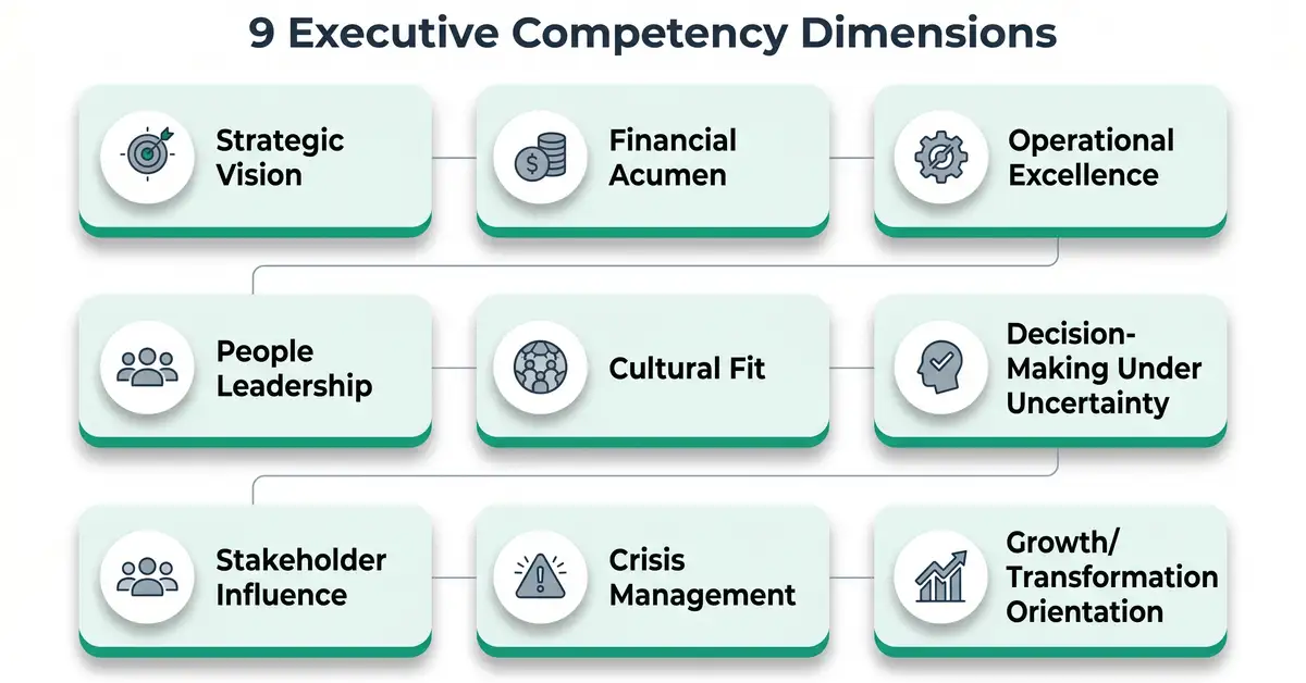 9 Executive Competency Dimensions infographic 3x3 grid showing strategic vision financial acumen operational excellence people leadership cultural fit decision-making stakeholder influence crisis management transformation orientation