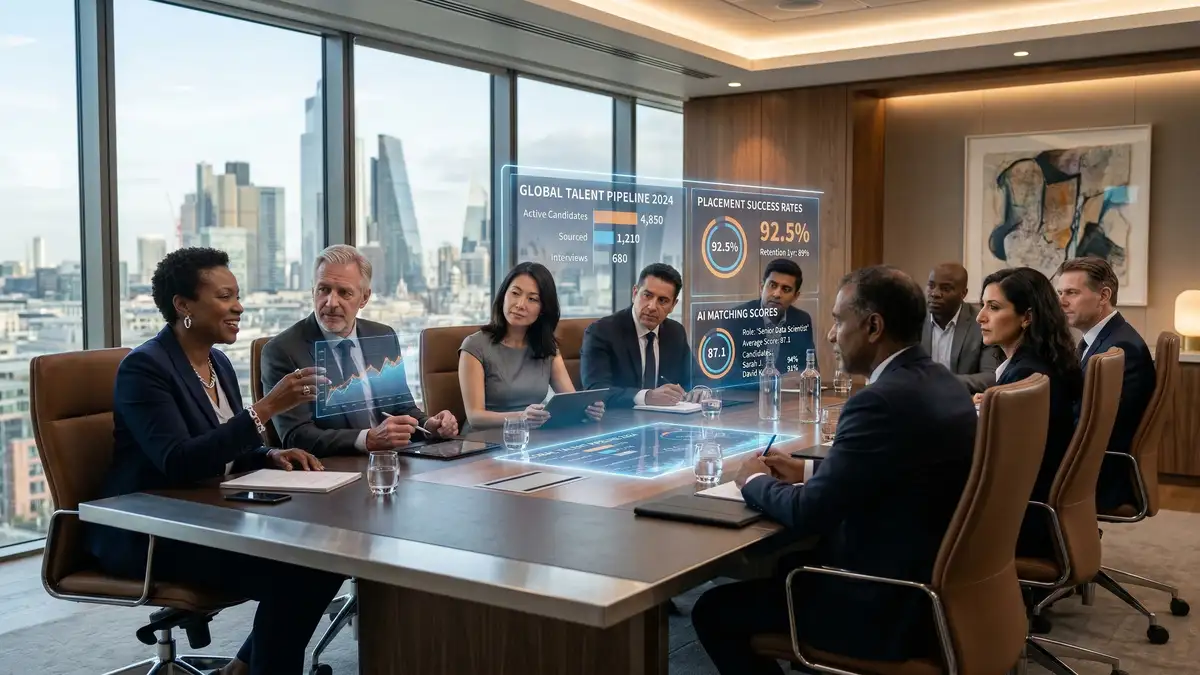 Executive boardroom with senior leaders reviewing AI-powered candidate pipeline analytics and placement success data visualizations