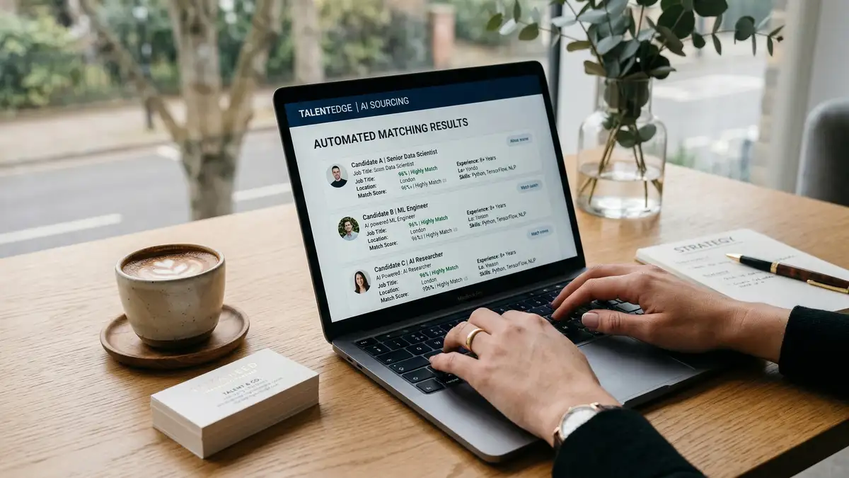 Boutique recruitment consultant using AI-powered candidate sourcing platform with automated talent matching results on laptop screen