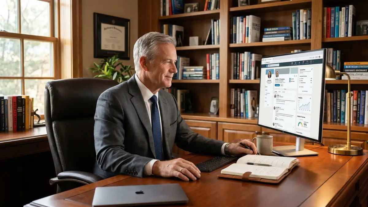 Distinguished executive search professional reviewing candidate profiles and analytics at premium mahogany desk