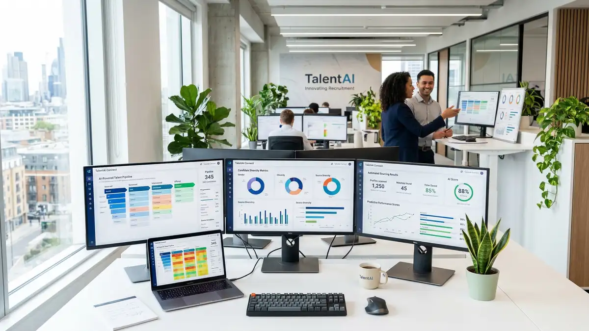 Modern recruitment technology workspace with AI analytics dashboards displaying candidate pipeline data and automated sourcing results