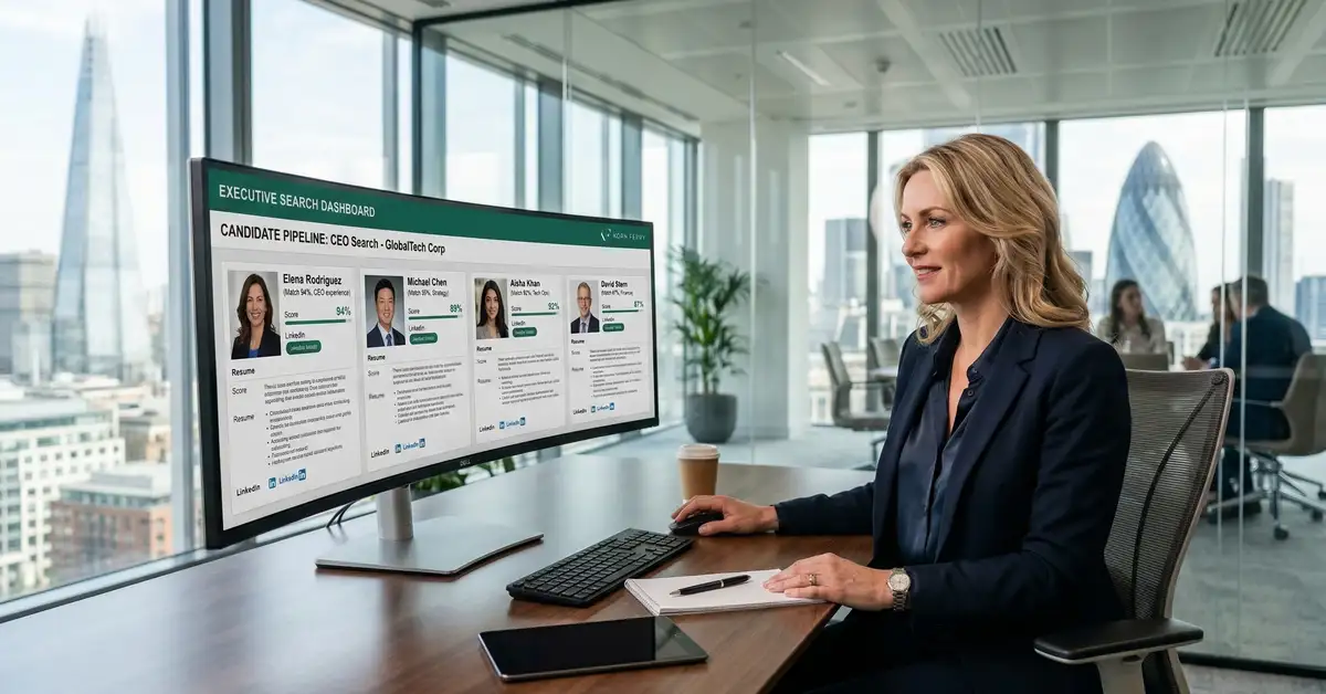 Executive recruiter reviewing AI-powered candidate profiles and match scores on ultrawide monitor in modern corporate office