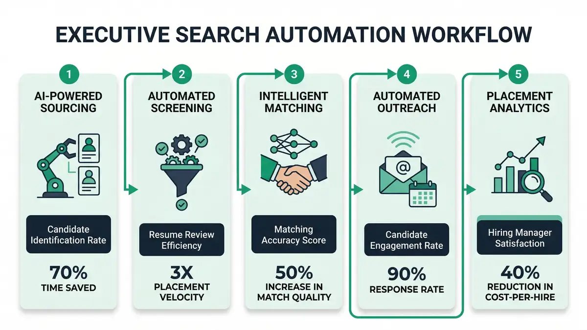 Executive search automation workflow infographic showing five connected stages from AI sourcing to placement analytics with brand green color scheme