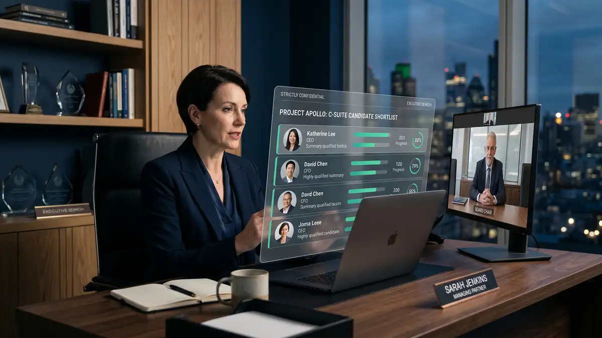 Senior executive search consultant presenting a confidential candidate shortlist on a transparent overlay to a board chair during a virtual C-suite placement review