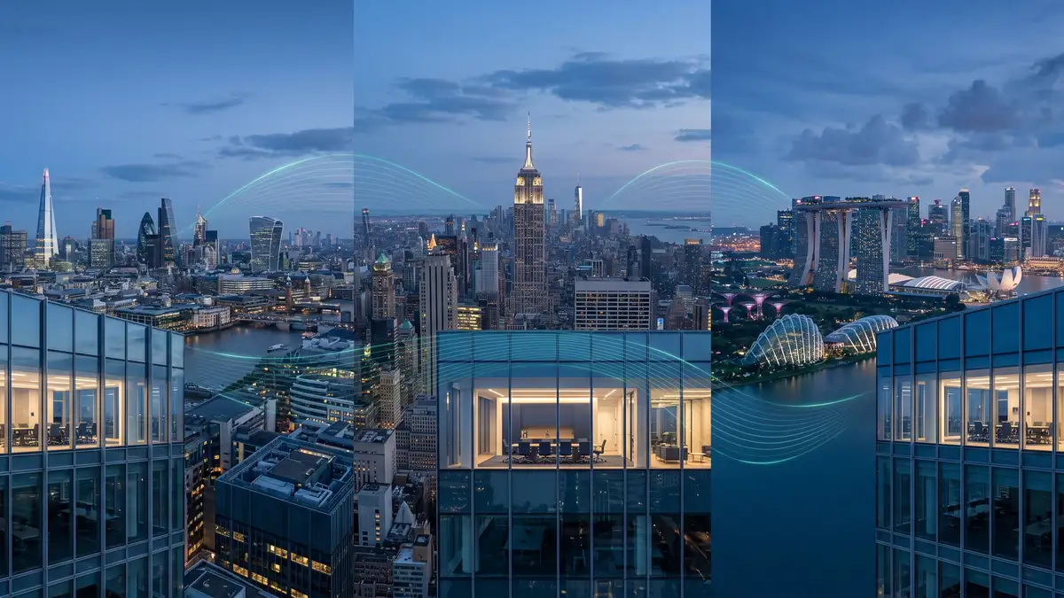 Aerial view of three global executive search hubs in London New York and Singapore connected by glowing data lines representing an elite international candidate network