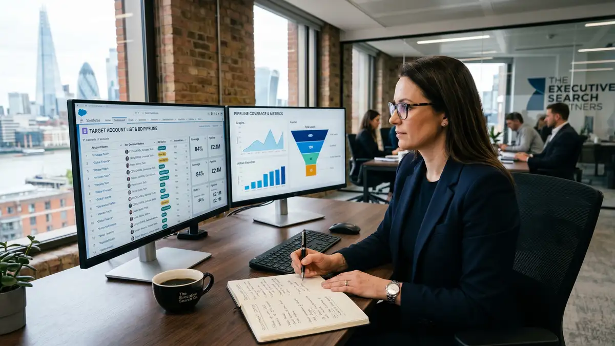 Boutique executive search consultant reviewing a target account list and BD pipeline dashboard across two monitors