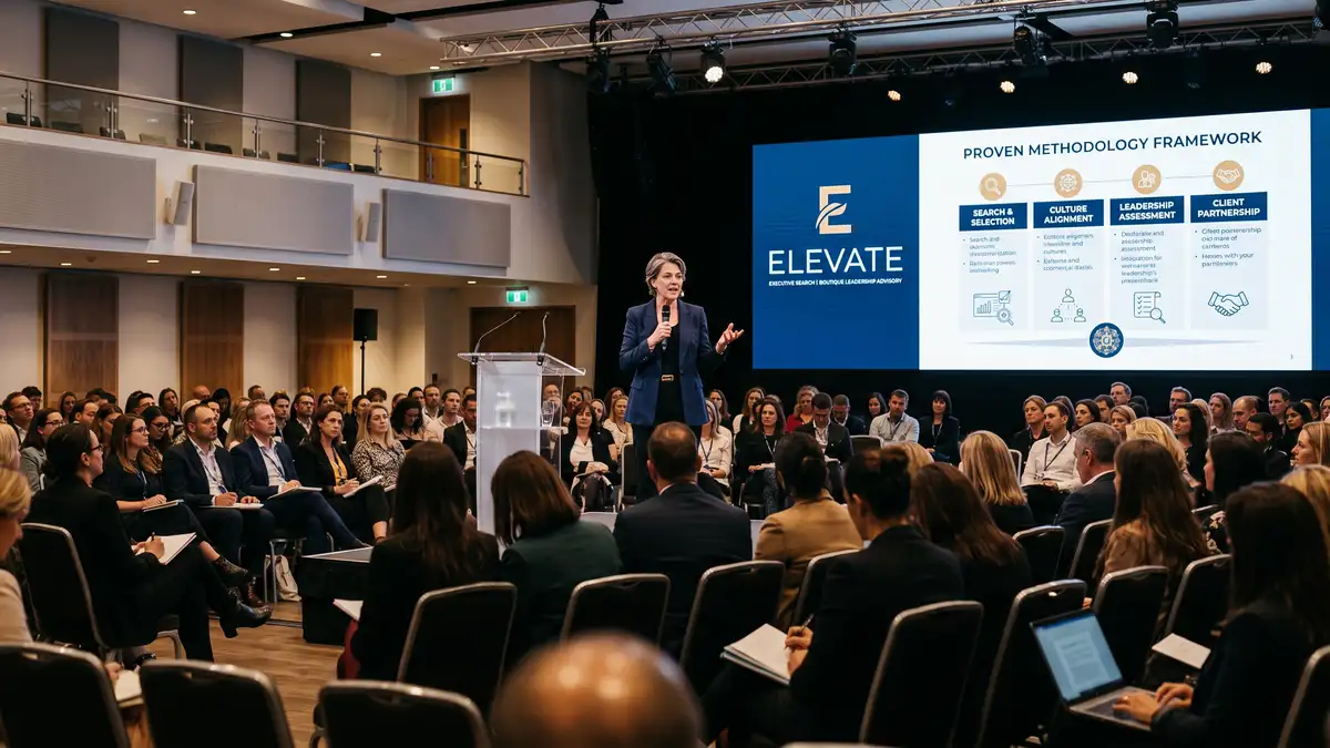 Boutique executive search firm founder Managing Director delivering a keynote at an industry conference