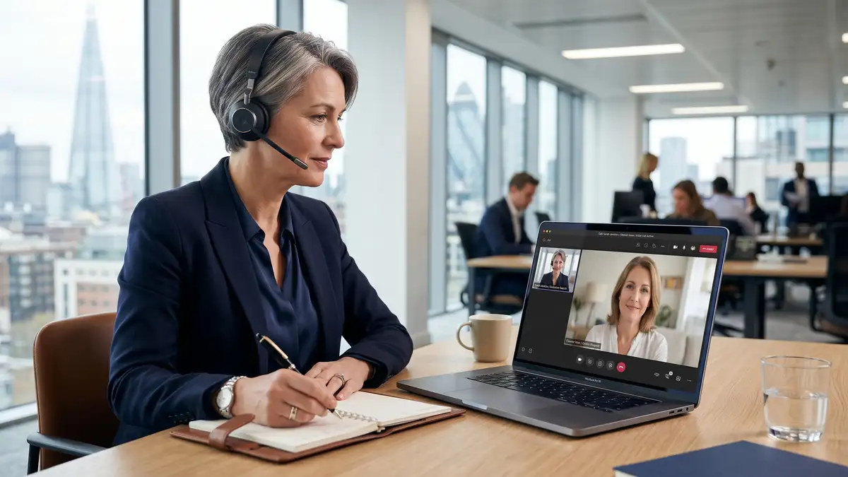 Senior executive search consultant on a video call with a Chief HR Officer prospect