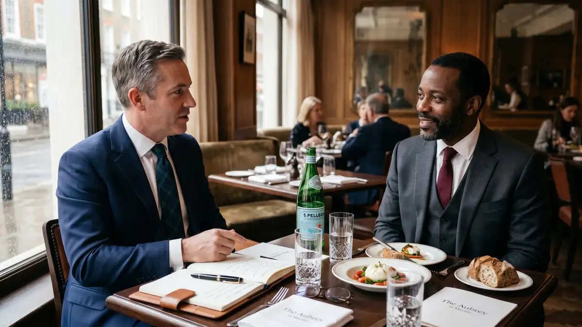 Boutique executive search Managing Director and Private Equity Operating Partner in a relationship-building lunch meeting in Mayfair