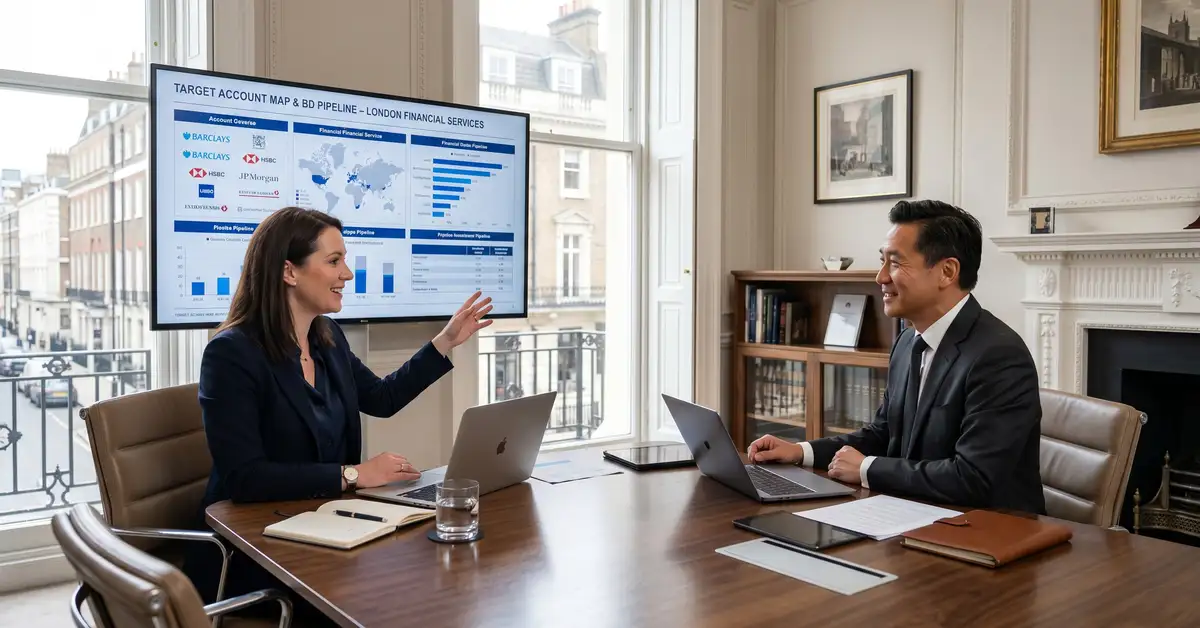 Senior executive search firm Managing Director in a discovery conversation with a C-suite client presenting a target account map and BD pipeline in a London boardroom
