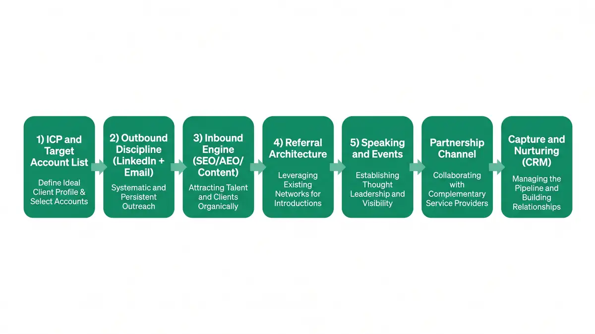 Infographic showing the 7-pillar executive search business development operating system as a horizontal flow diagram from ICP through capture and nurturing