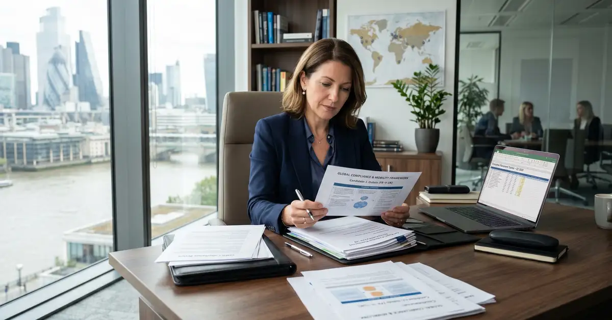 Executive search consultant reviewing international compliance documentation including GDPR, immigration visas, and tax equalization frameworks