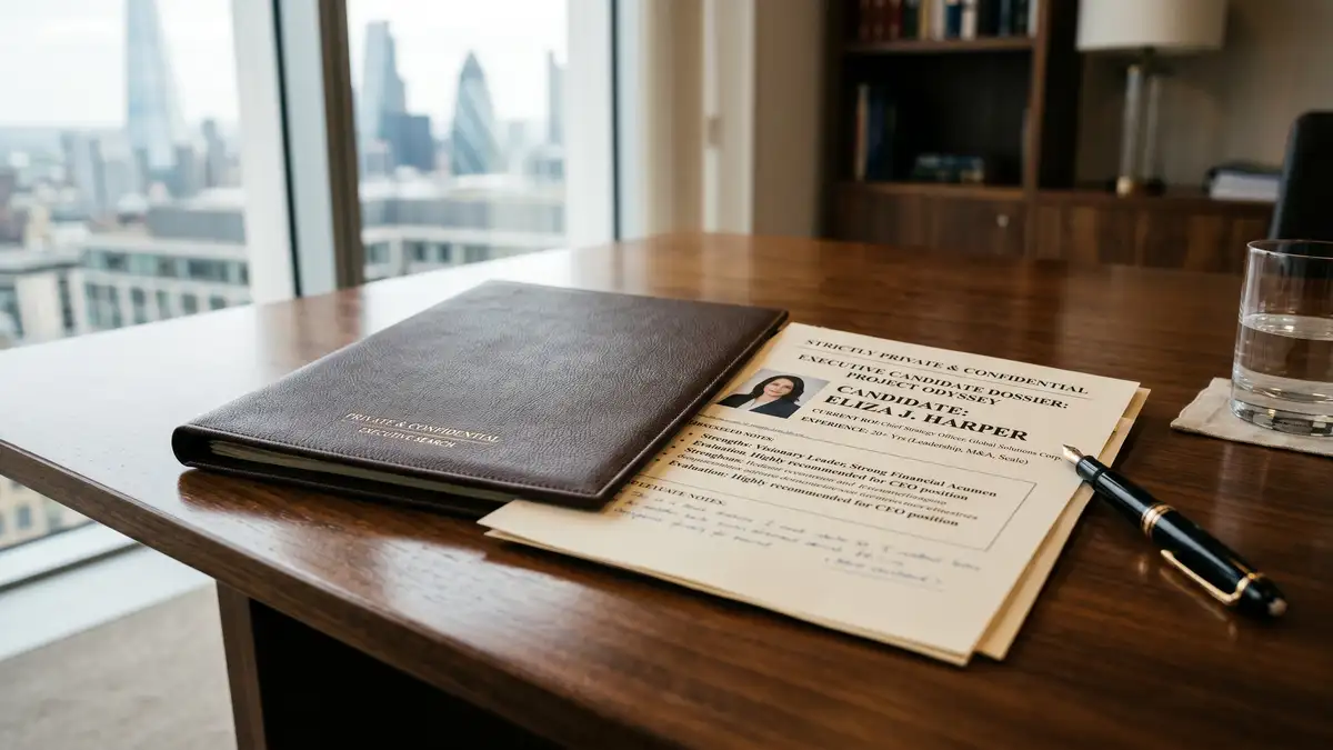 Close-up of a confidential executive search candidate dossier with leather folio and candidate profile sheet showing rigorous evaluation discipline