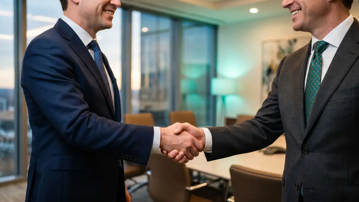 Handshake between two senior executives sealing a successful retained C-suite placement at the close of a 12-month placement guarantee