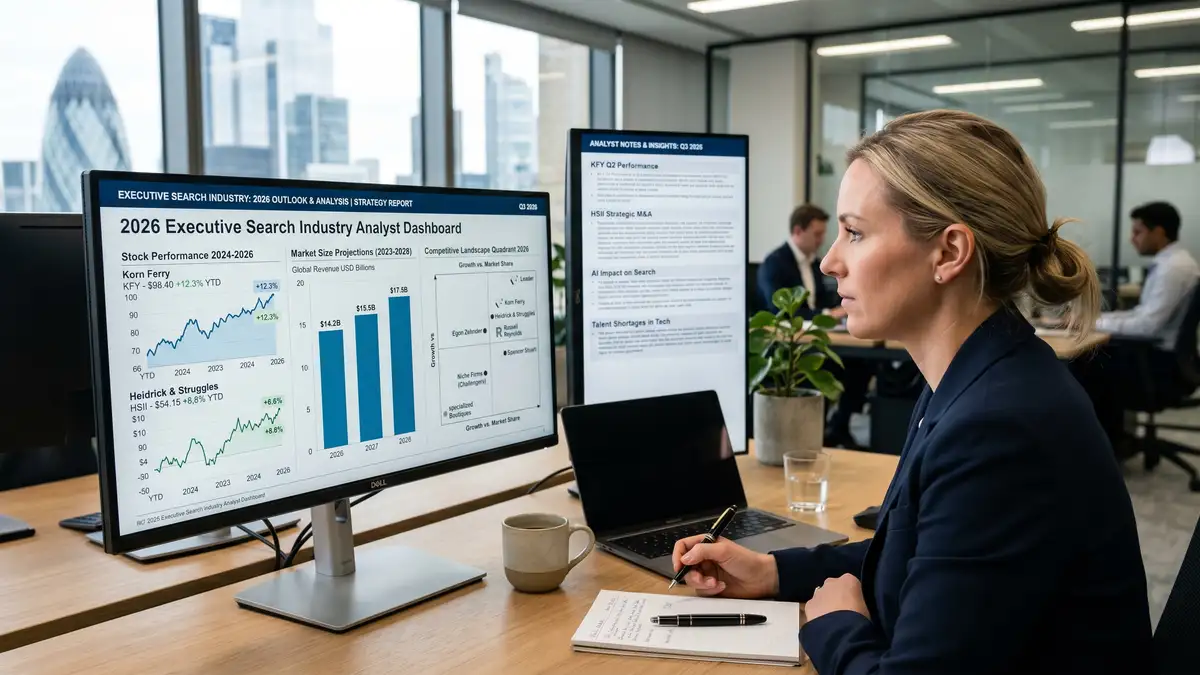 Corporate strategy office monitor displaying executive search industry analyst dashboard with Korn Ferry and Heidrick stock performance charts