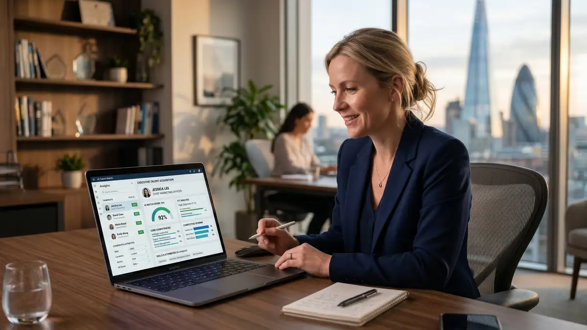 AI-powered candidate sourcing dashboard on laptop screen showing algorithmic matching and intelligent filtering in recruiting consultant office