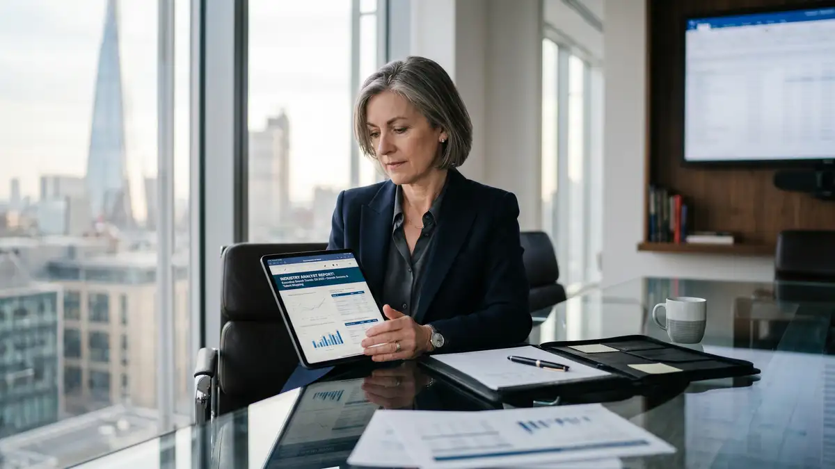 Senior executive search managing partner reviewing industry analyst reports on tablet in modern boardroom