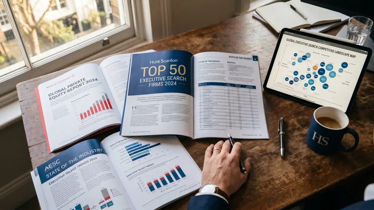 Industry analyst desk showing Hunt Scanlon Top 50 Executive Search report alongside Bain Global PE Report and AESC State of the Industry