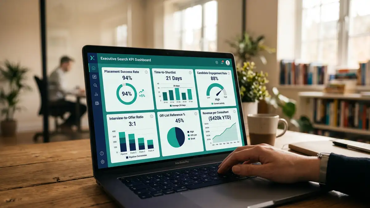 Executive search KPI dashboard on laptop screen showing metric tiles for placement success time-to-shortlist and engagement rates