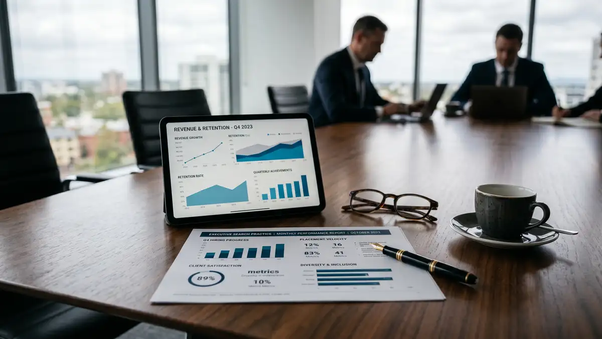 Boardroom table with printed monthly KPI report tablet showing revenue and retention chart fountain pen and coffee