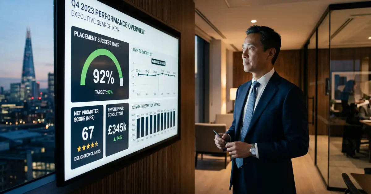 Executive search Managing Partner reviewing KPI dashboard on wall-mounted display showing placement success time-to-shortlist and NPS metrics