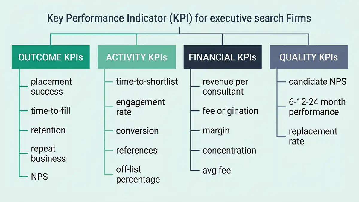 Four KPI categories infographic showing outcome activity financial and quality metrics for executive search firms