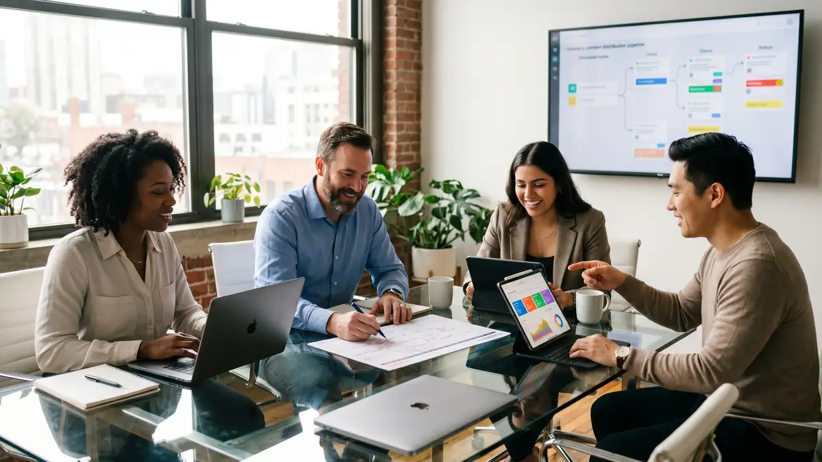 Small executive search firm marketing team of four professionals in a strategy session reviewing editorial calendar and content distribution pipeline