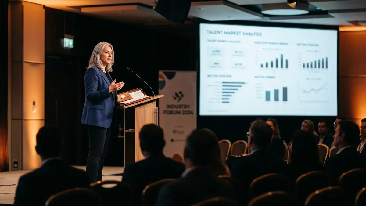 Founder of a boutique executive search firm presenting a sector market report to an audience at an industry conference