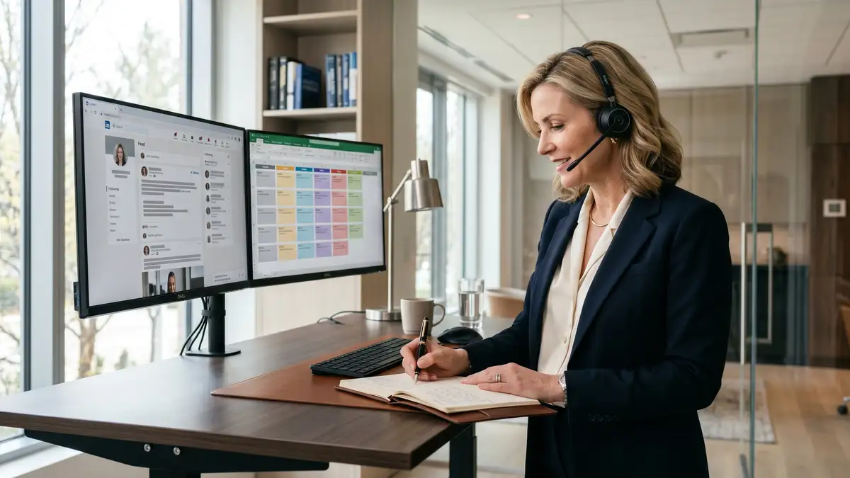 Boutique executive search firm partner at a standing desk with dual monitors showing LinkedIn profile feed and content calendar