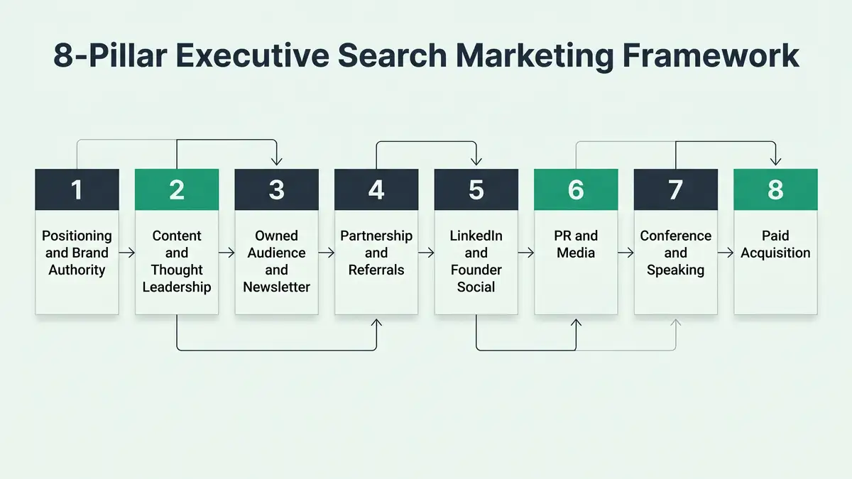Horizontal flow infographic showing the 8-pillar executive search marketing framework from positioning through paid acquisition