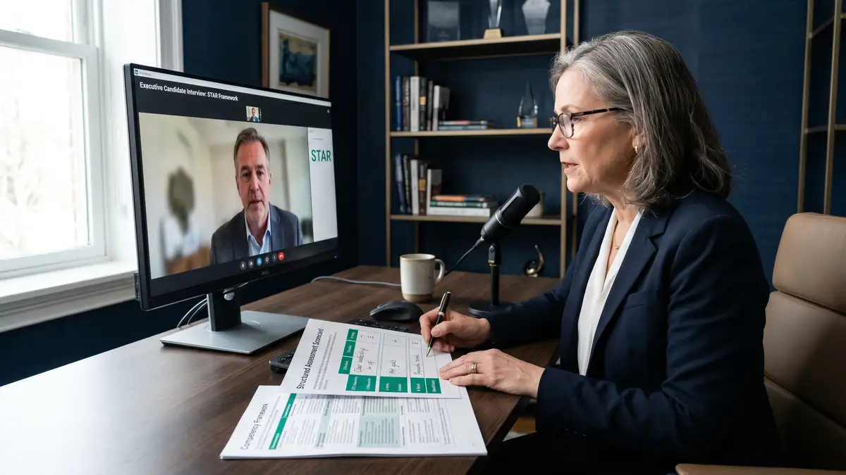 Senior executive search consultant conducting a structured behavioural-event interview using the STAR framework with assessment scorecard and competency framework visible