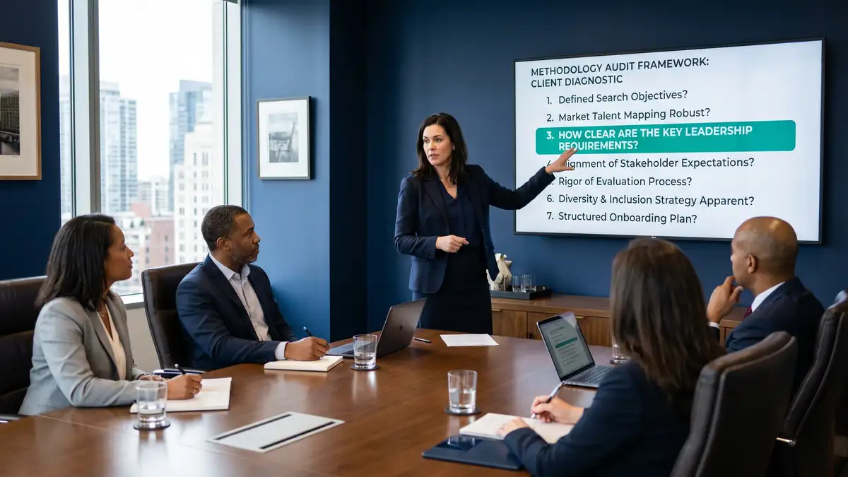 Search firm partner walking a client board through the methodology audit framework displayed on a large monitor showing the seven-question client diagnostic