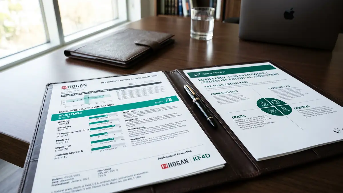 Macro close-up of Hogan psychometric assessment results report alongside Korn Ferry KF4D framework page on executive desk with leather folio and fountain pen