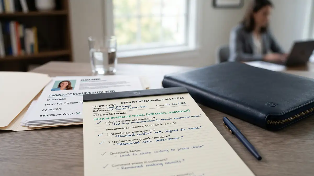 Off-list reference call notes pad alongside candidate dossier on desk with structured reference questions and leather folio showing rigorous referencing methodology