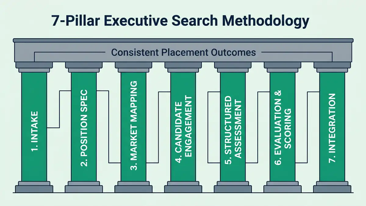 Seven-pillar executive search methodology framework infographic showing intake position spec market mapping candidate engagement structured assessment evaluation scoring and integration pillars supporting consistent placement outcomes