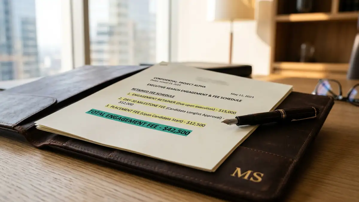 Three-tranche billing structure showing 33-33-33 split across engagement signing, shortlist presentation, and offer acceptance
