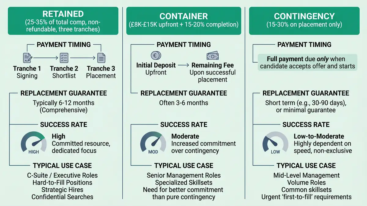 Three executive search pricing models infographic comparing retained, contingency, and container fee structures