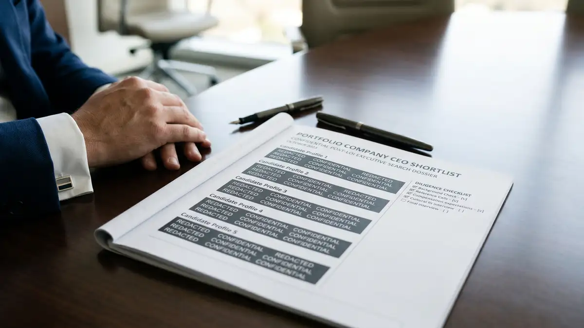 Confidential executive search dossier showing portfolio company CEO shortlist with parallel diligence checklist on conference table