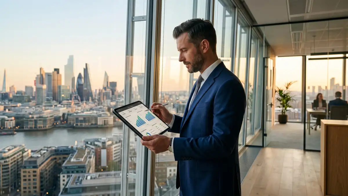 Operating partner reviewing portfolio company performance dashboard on tablet at high-rise office window