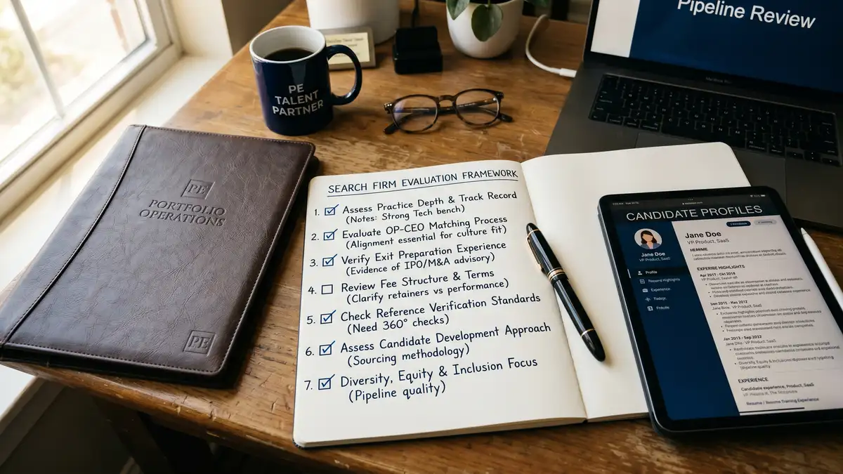 PE talent partner desk with search firm evaluation framework checklist showing seven diligence questions for executive search firms