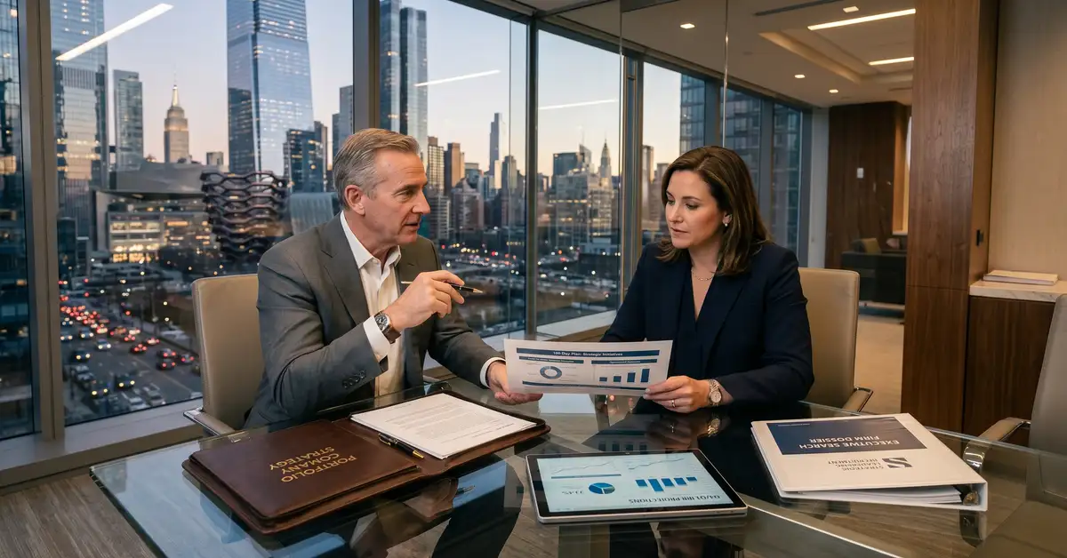 Private equity operating partner and newly appointed portfolio company CEO reviewing 100-day value creation plan in boardroom at twilight
